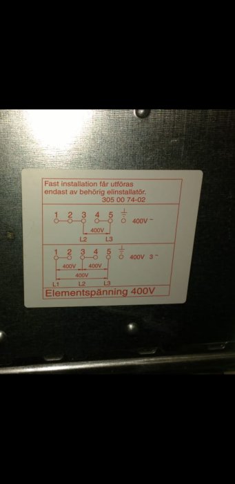 Etikett för anslutning av elektrisk apparat med schematisk illustration av elementspänning 400V.