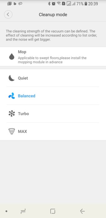 Skärmavbild av dammsugarens app visar rengöringslägen: Mop, Quiet, Balanced, Turbo, Max.