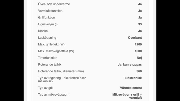 Skärmavbildning av specifikationer för en kombinationsugn med mikrovågs-, grill- och varmlufts-funktioner.