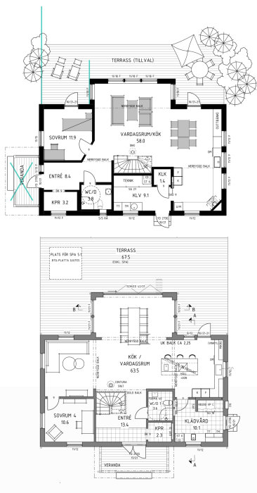 Arkitektritningar av en villa med två våningar som visar ett anpassat Trivselhus, inklusive planlösningar med sovrum, vardagsrum och terrass.