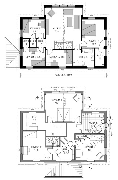 Arkitektonisk planritning av ett tvåvåningshus med betecknade rum som sovrum, badrum och hall.