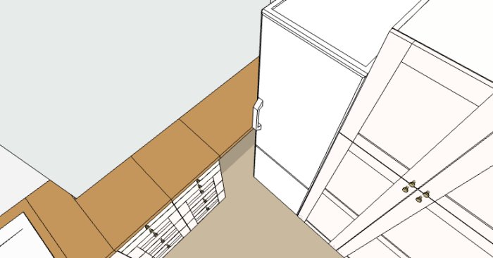 3D-ritning av ett hörn i kök med underskåp och tip out tray under diskhon.