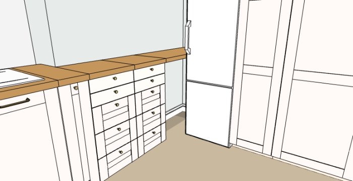 Illustration av ett kök med underskåp och bänkskiva, potentiell plats för "tip out tray" under diskhon.