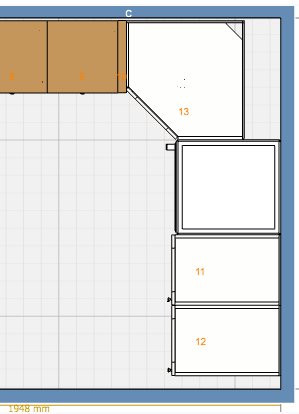 Kökslayoutplan med mått som visar en lösning med väggskåp istället för hörnbänkskåp bredvid en kyl.