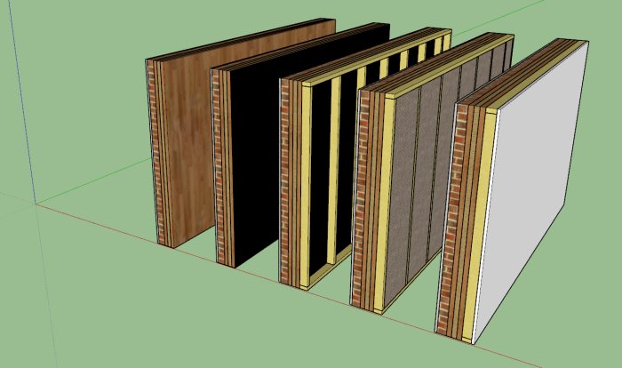 Skiss av väggsektioner med puts, tegel, timmer, isolering och OSB/gips som visar isoleringsprocess.