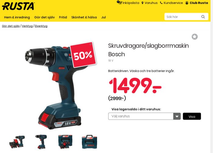 Bosch Professional 18V slagborrmaskin i blått med rött prisetikett som visar 50% rabatt, 1499 kr, på Rustas webbplats.