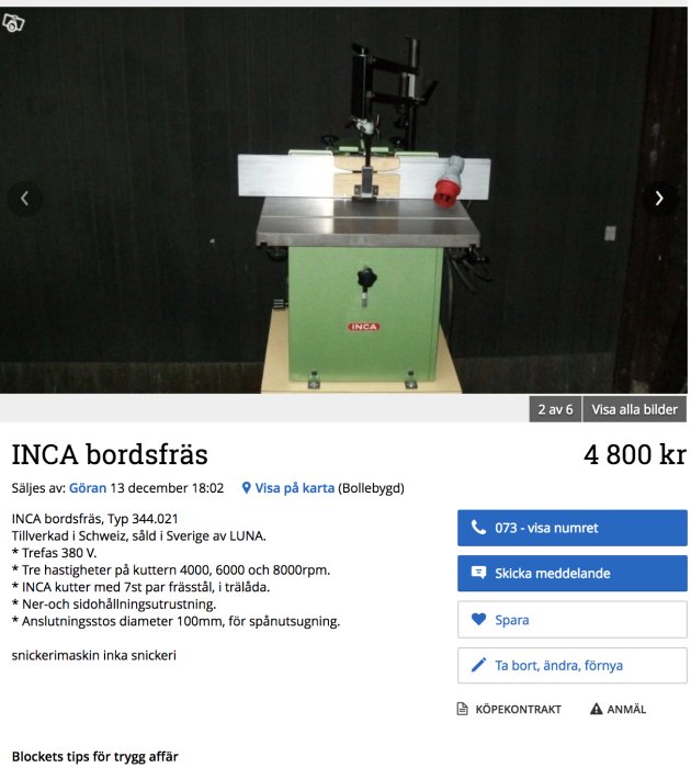 Stor Inca bordsfräs typ 344.021 på svart bakgrund, komplett med tillbehör och kontrollpanel synlig.