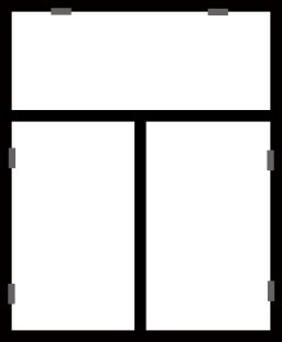 Schematisk illustration av ett treluftfönster med gångjärnen markerade i grått.