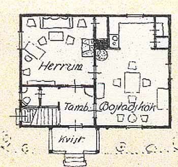 1920-tals ritning av hus med öppen planlösning som visar kök och matsal från Forssjö huskatalog.