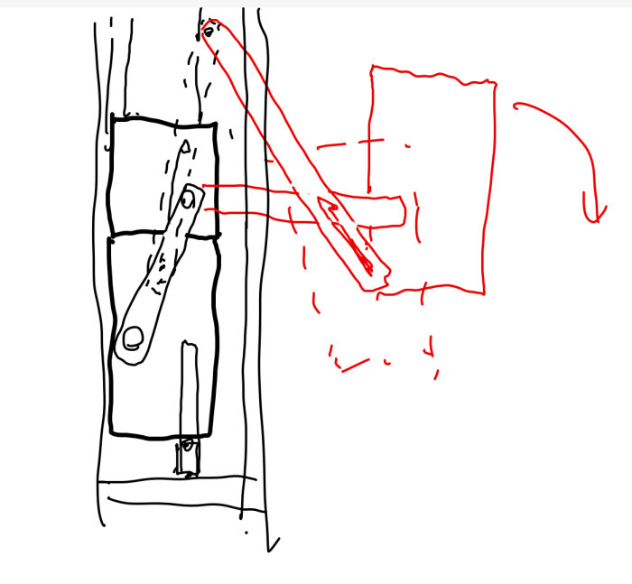 Skiss av ett påslöst system med länkarmar och spak för att hantera en spånlåda.