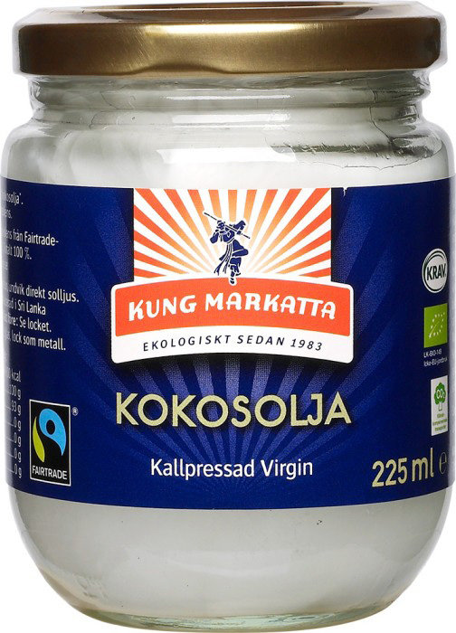 Burk med Kung Markatta ekologisk kallpressad kokosolja på 225 ml, används för att poppa popcorn.