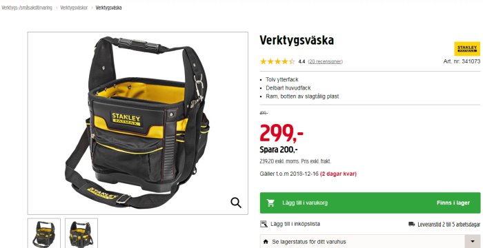 En STANLEY FATMAX verktygsväska med många fack och rem, nedsatt pris visas.