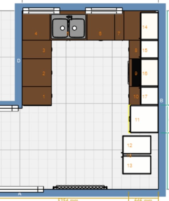 Skiss av en kökslayout med skåp, diskho, och vitvaror, markerade med nummer för planeringsändamål.