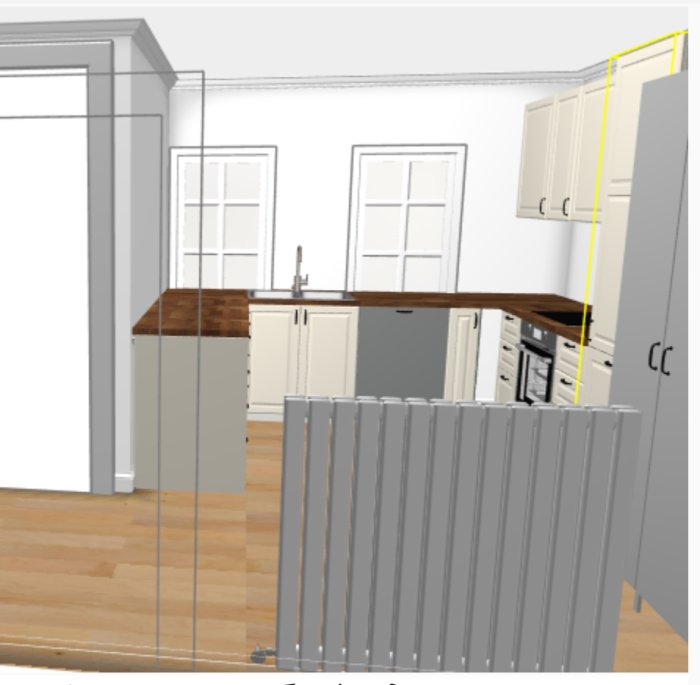 3D-skiss av ett kök med beige inredning, diskho på ö, inbyggd diskmaskin, spis, och "amerikansk" kyl/frys.