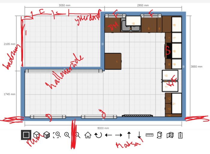 Skiss på kökslayout gjord i planeringsverktyg med markerade platser för spis, diskho, diskmaskin och kylskåp, och handskrivna noter.