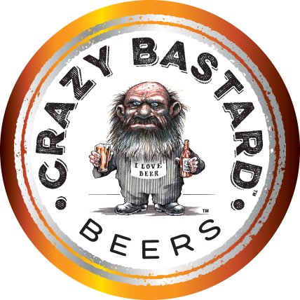 Illustration av glad figur med skägg som håller två ölflaskor och texten "Crazy Bastard Beers".