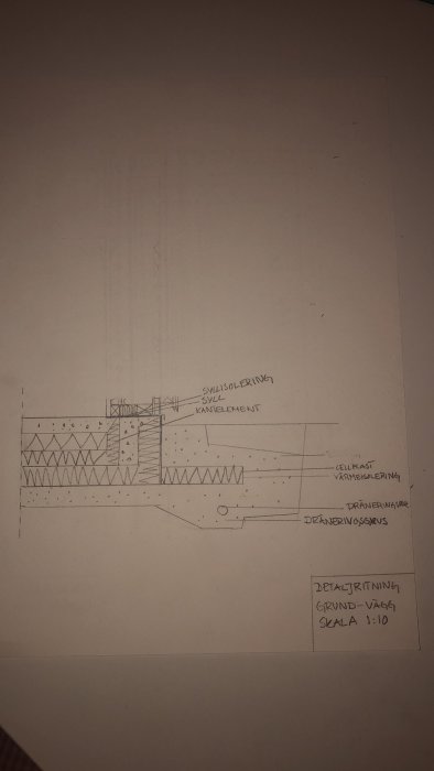 Detaljritning av grund med markerade isoleringar och konstruktionselement, skala 1:10.