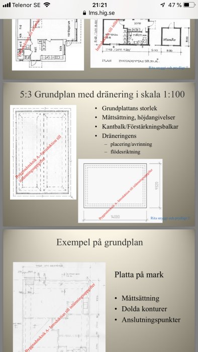 Skärmdump av ett diskussionsinlägg med tre sektionsritningar och grundplaner för byggprojekt, inklusive mått och detaljer.