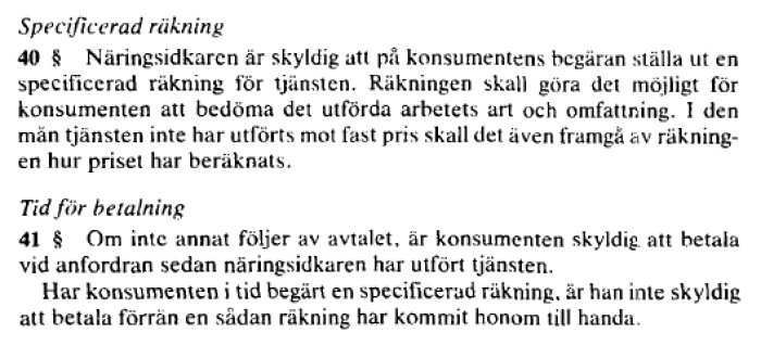 Textutdrag från konsumenttjänstlagen angående specificerad räkning och tid för betalning, med fokus på näringsidkarens skyldigheter.