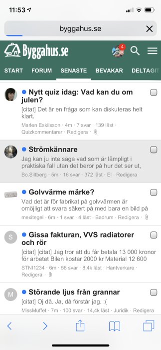 Skärmdump av webbplatsen byggahus.se på en iPhone X som visar diskussionstrådar och navigationsalternativ.