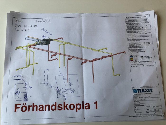 Ventilationsritning med markeringar för rördragning i olika färger för vind, våning 2 och bottenvåning.