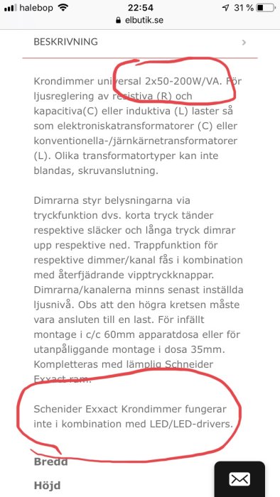 Skärmdump av en produktsida med markerad text som varnar att dimmern inte fungerar med LED.