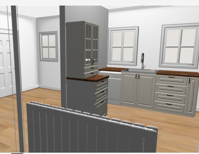 3D-rendering av ett kök med grå skåp, träbänkskivor och vitrinskåp vid diskmaskinen.