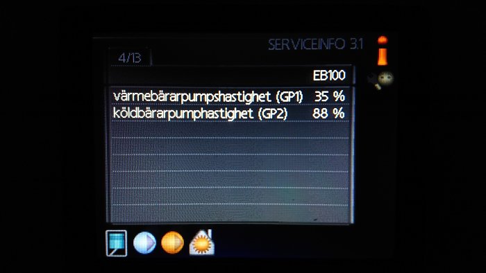 Display av värmepump med statistik för värmebärarpumphastighet 35% och köldbärarpumphastighet 88%.
