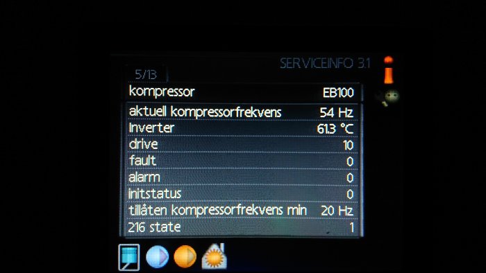 Display av värmepump med driftinformation, inklusive kompressorfrekvens och temperatur.