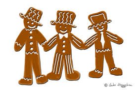 Illustration av tre pepparkaksgubbar med olika huvudbonader och dekorativa mönster på kropparna.