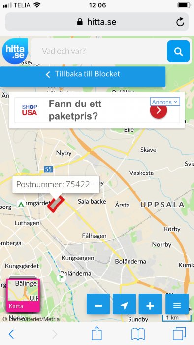 Skärmdump av en interaktiv karta på hitta.se som visar delar av Uppsala med en markerad punkt och postnummer 75422.