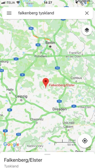 Skärmdump av Google Maps som visar orten Falkenberg/Elster markerad med en röd pin i Tyskland.