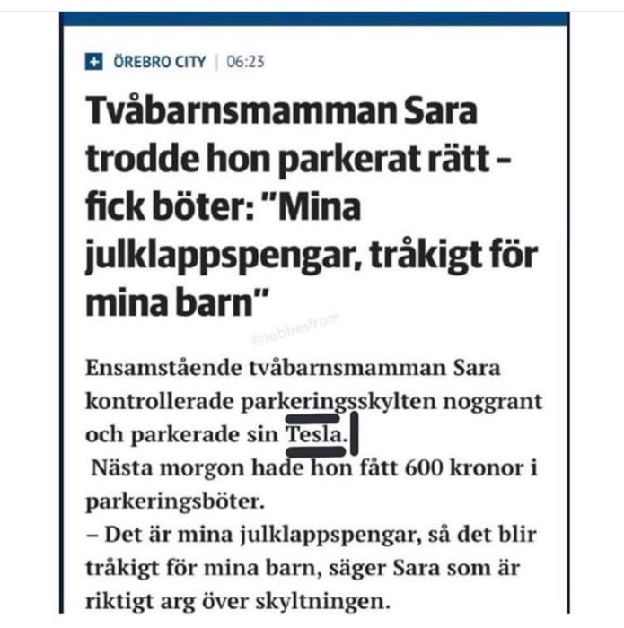 Skärmdump av en artikel om en mamma som fick böter trots att hon trodde att hon parkerat korrekt.