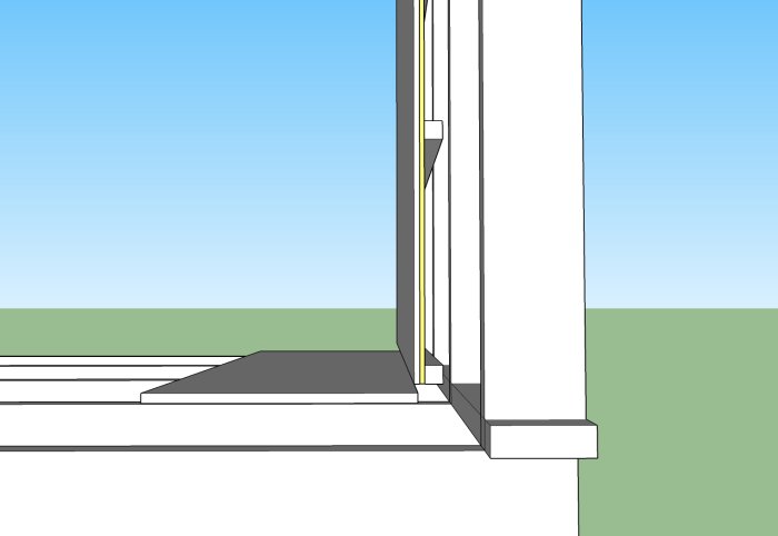 Schematisk illustration av ett hörn på farstuns golv och vägg utan golvspånskiva och isolering.