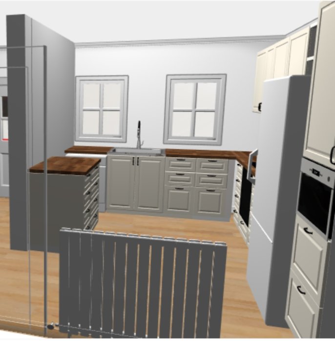 3D-modell av ett kök med gråa skåp, två fönster, och vita vitvaror inklusive högskåp och kyl.