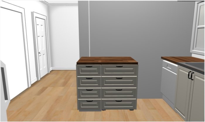 3D-rendering av ett kök med grå skåp, träbänkskivor och en köksö med flera lådor.