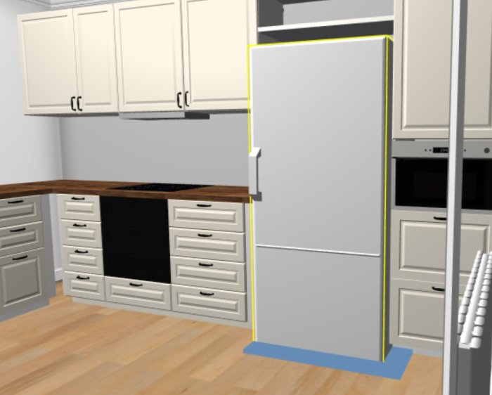 3D-design av ett kök med skåp, kylskåp bredvid en förstorad pelare, och inbyggd mikrovågsugn.