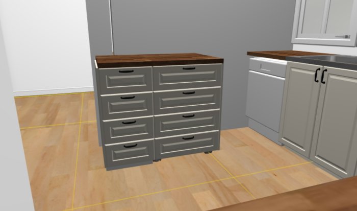 3D-modell av ett grått kök med träbänkskiva och lådor, vit vägg och trägolv.