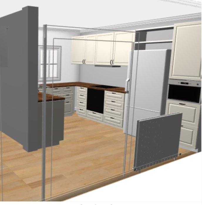 3D-modell av ett kök med skåp, kyl/frys, diskho och häll, och en förlängd pelare.