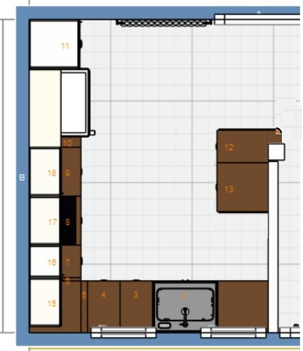 Ritning av kökslayout med markerade nummer för skåp och diskmaskin samt föreslagen utbyggnad nära nummer 12 och 13.
