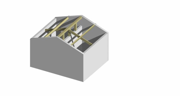 3D-modell av en hussektion som visar takkonstruktion med nockbalk och stödbjälkar.