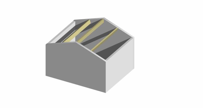 Schematisk illustration av takkonstruktion med kraftiga takbjälkar och nockbalk stödjande på väggar.