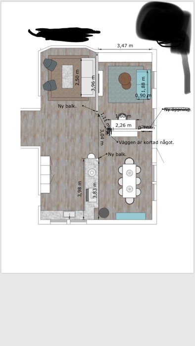 Skiss av en lägenhetsplan med möbler, nya balkonger och föreslagen väggändring markerad.