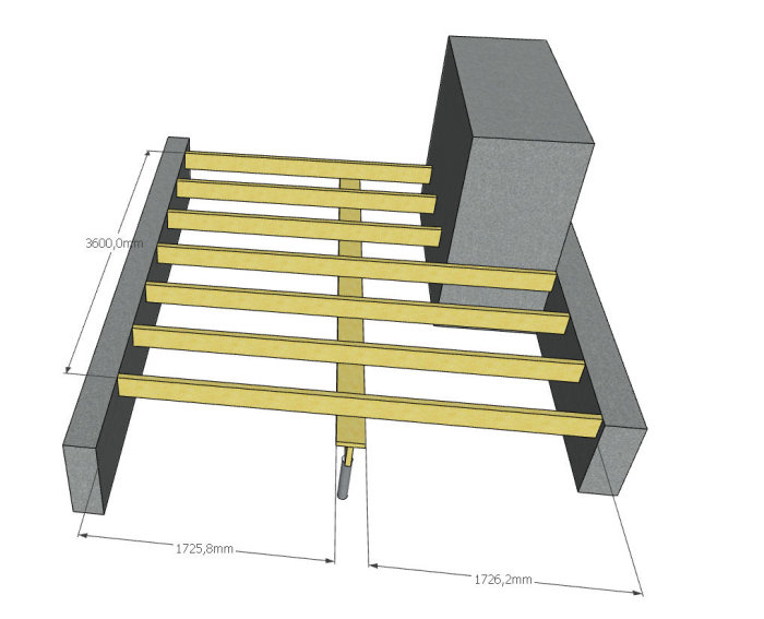 3D-modell av en byggkonstruktion med måttangivelser.