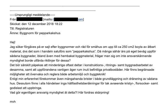 Skärmbild av ett e-postmeddelande med diskussion om byggnormer för småhus liknande "pepparkakshus".