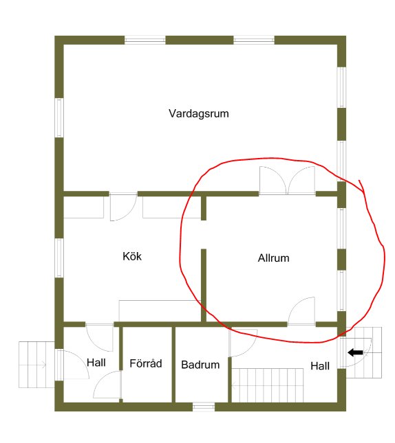 Planritning av en lägenhet med rummet markerat som "Allrum" omringat av en röd cirkel för att betona området.