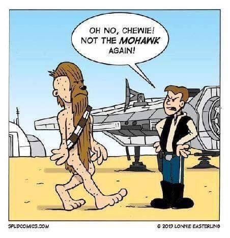 Seriebild med karikatyrer av Han Solo och Chewbacca där Chewbacca har en irokesfrisyr, framför Millennium Falcon.