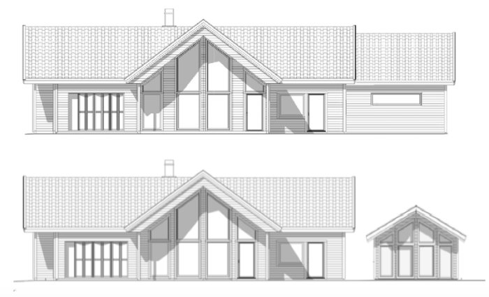 Skiss av hus med sammanbyggt och fristående garage i två olika vyer.