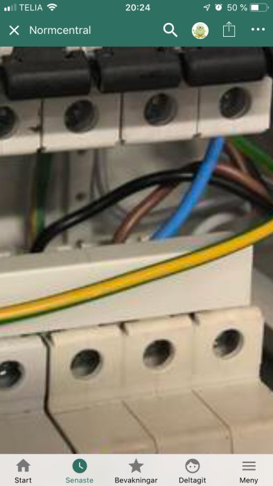 Närbild på en normcentral med öppna säkringshållare och elektriska kablar i olika färger.