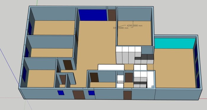 3D-skiss av husplanlösning med dimensioner, visar kök och andra rum.